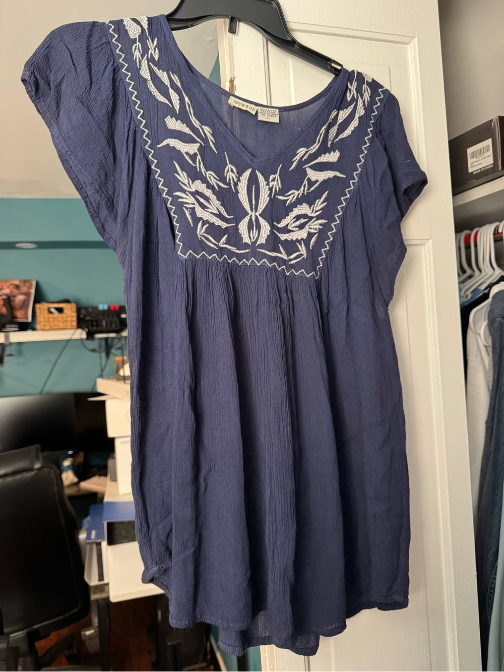 raya sun Navy Blue Embroidered V-Neck Tunic
